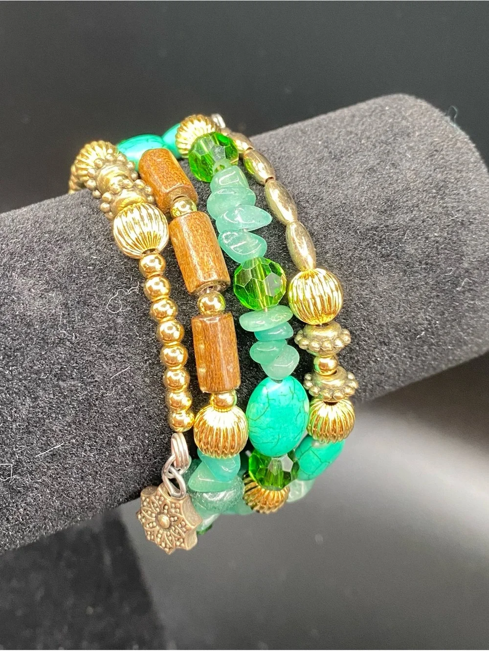 Boho multi strand Green Gold tone & wood Beaded Stretch Bracelet